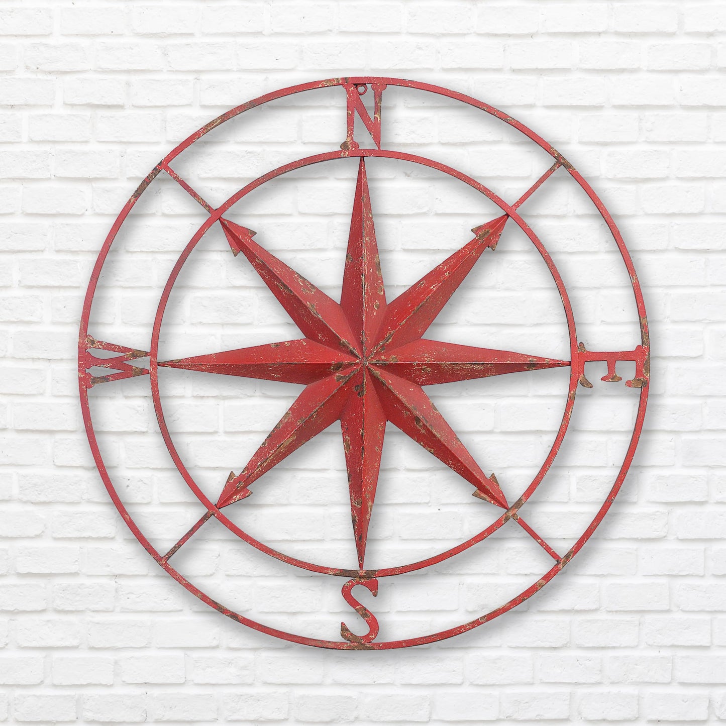 Distressed Red Metal Compass Wall Decor, Vintage Nautical Wall Art for Home or Office