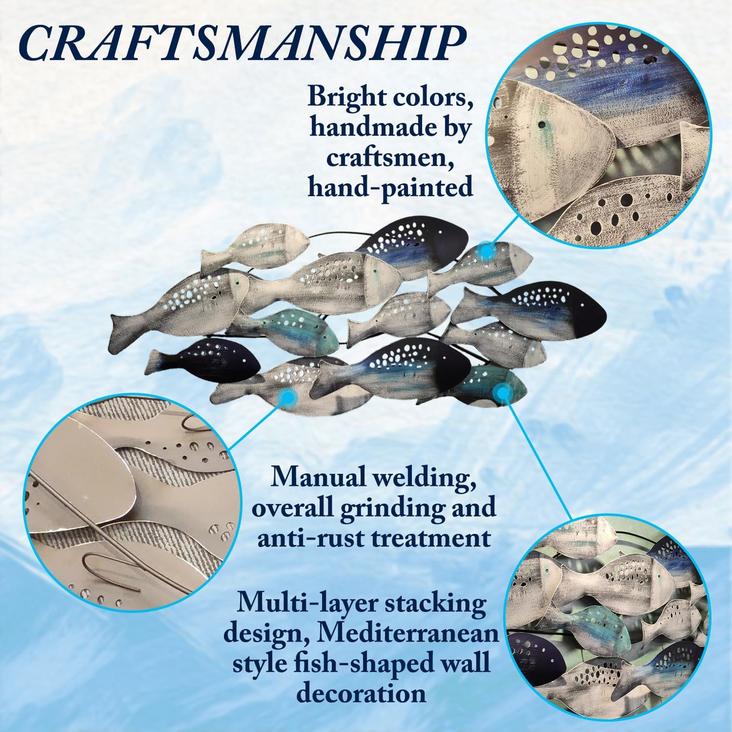 Coastal Ocean 3D Metal Fish Wall Sculpture, Hand-Painted Hanging Decor for Living Room, Bedroom or Dining Room 50"x20"