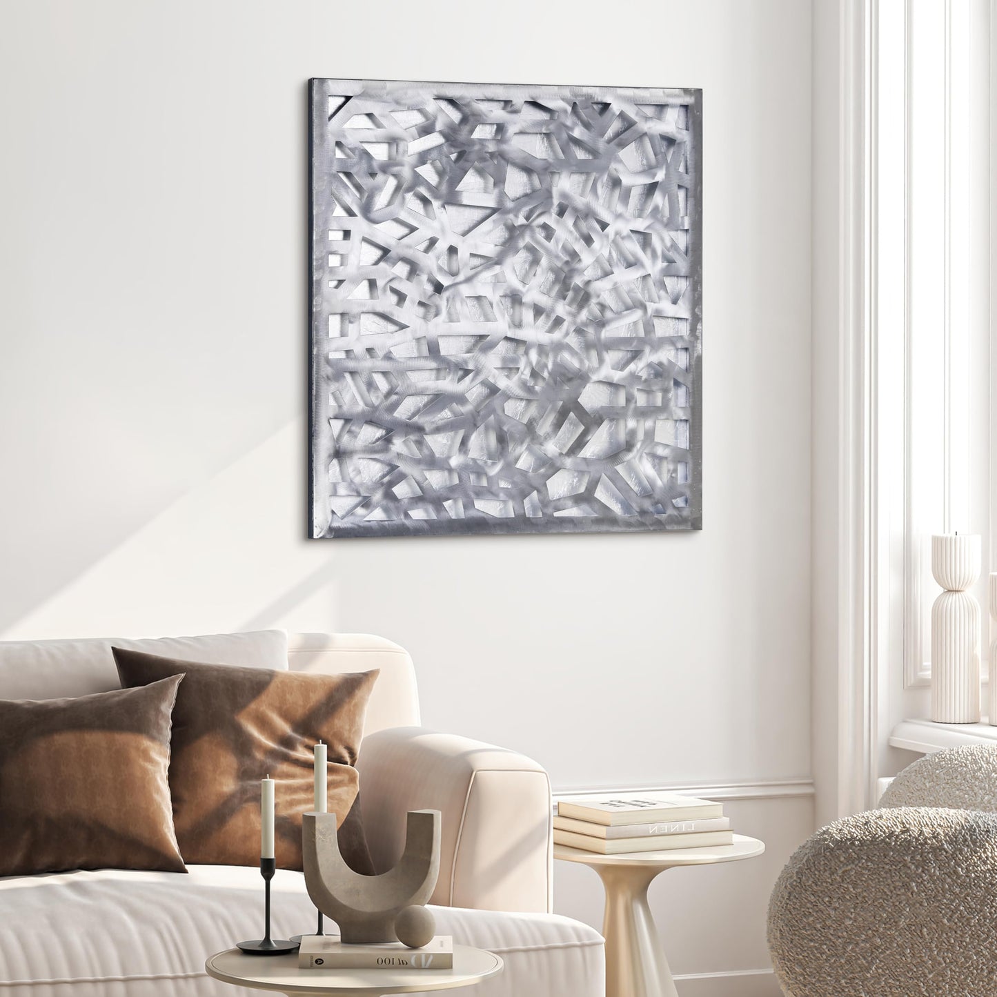 Abstract 3D Polished Steel Wall Art with Silver Leaf, Modern Metal Sculpture for Living Room or Office, 32"x32"