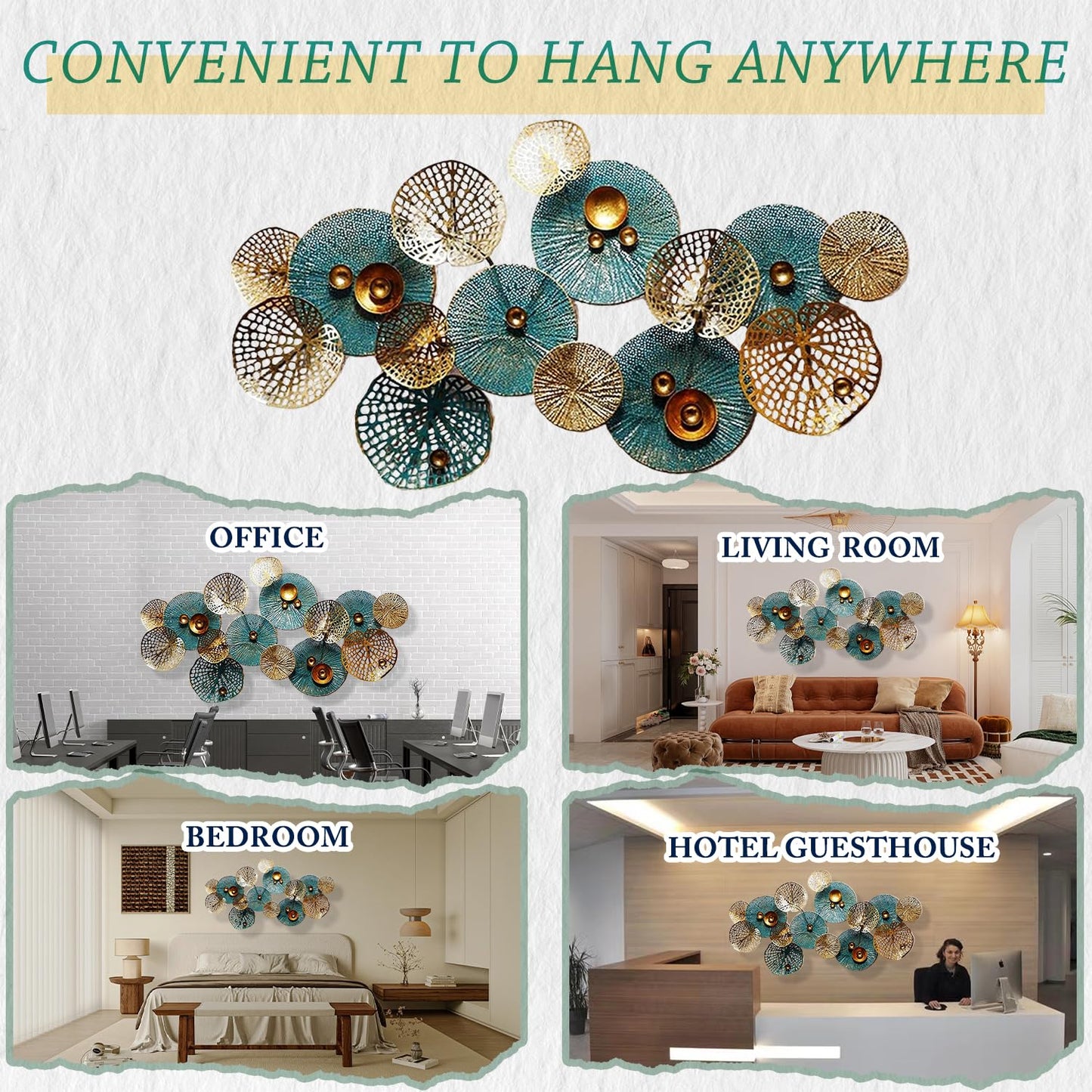 Metal Wall Decor for Living Room, 3D Stacked Leaves Lotus Flower Metal Wall Art, Modern Hanging Wall Decoration, 50" x 26"