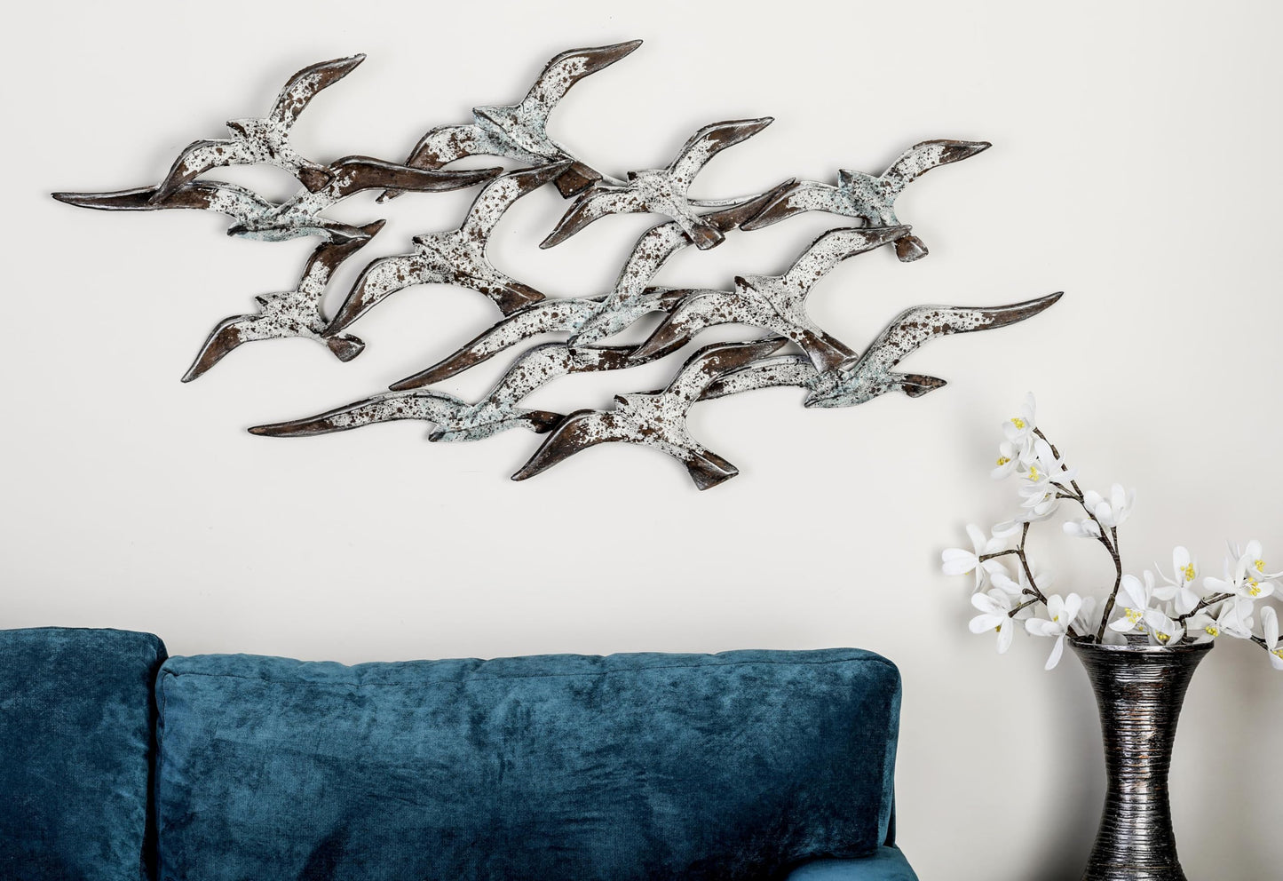 Flying Flock of Birds Metal Wall Art Sculpture, White Decorative Wall Decor 48"x23"