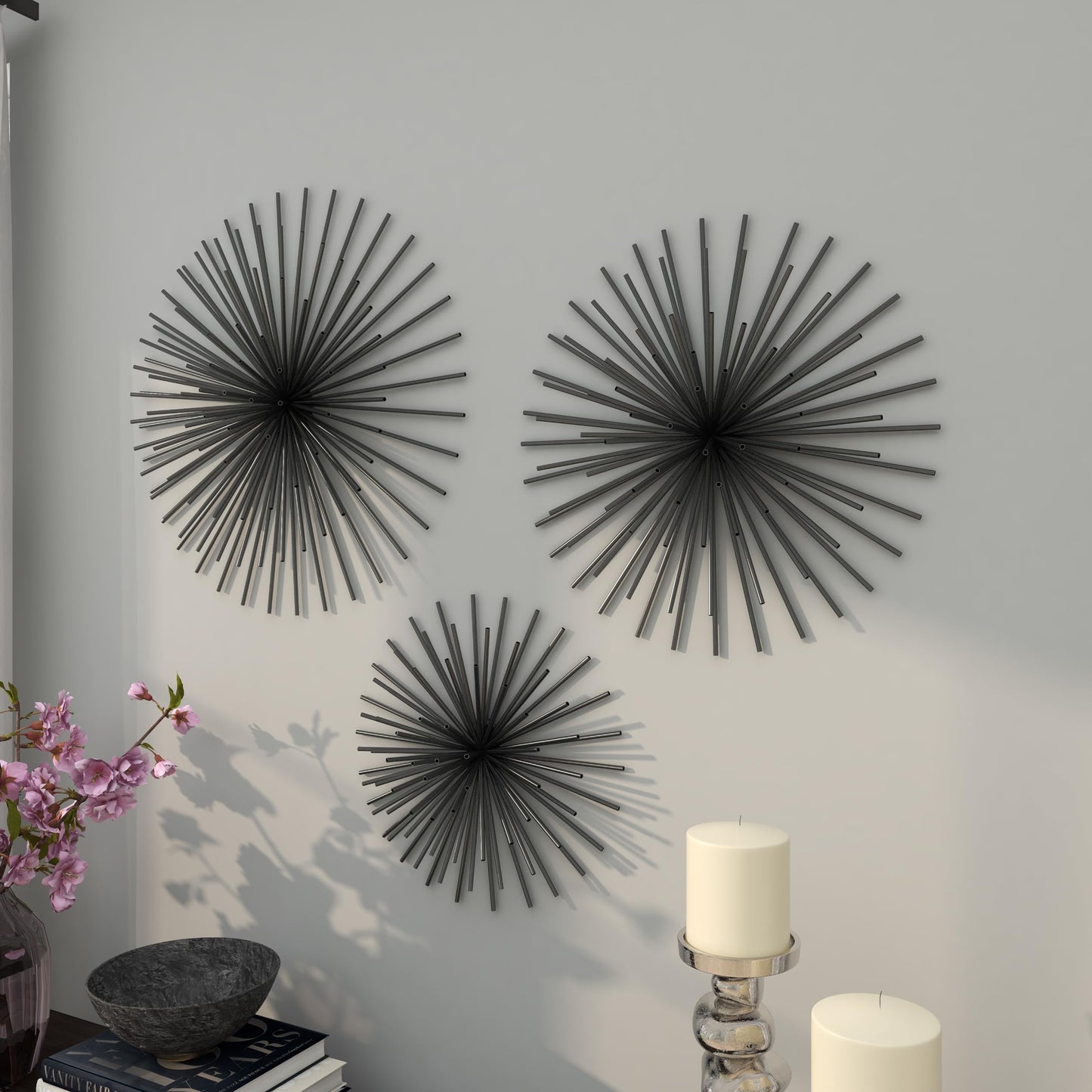Set of 3 3D Metal Starburst Wall Art Sculptures, Black Decorative Wall Decor 16", 20", 24"