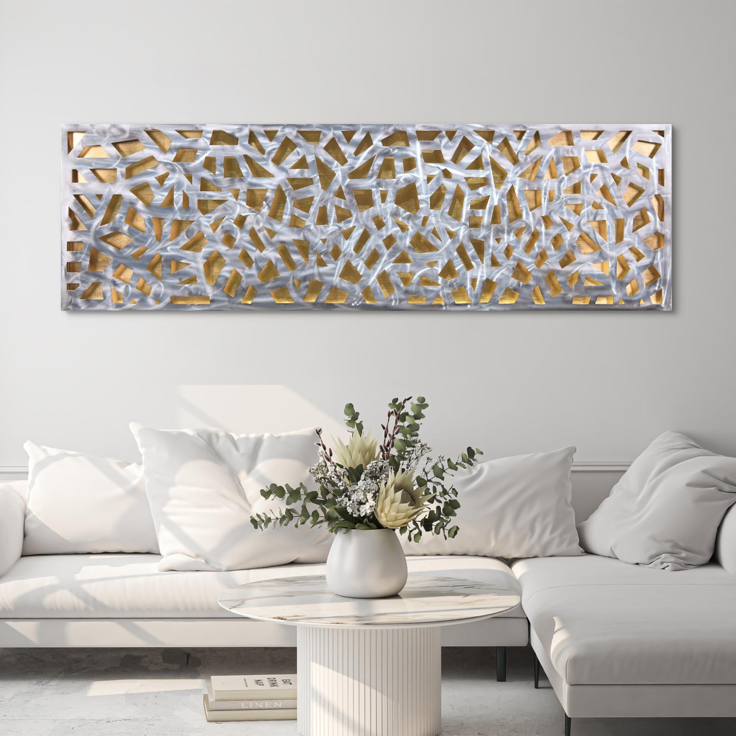Abstract 3D Polished Steel Wall Art with Gold Leaf, Modern Metal Sculpture for Living Room or Office 72"x22"
