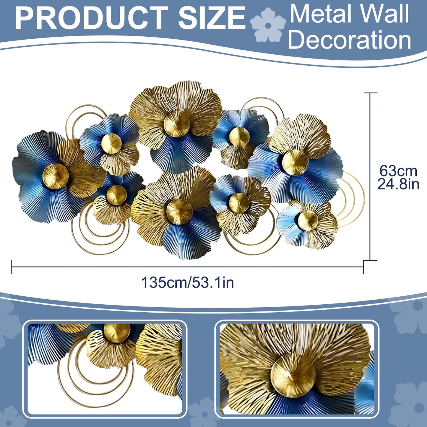edaknez Metal Wall Decor for Living Room, Extra Large 3D Modern Leaves Metal Wall Art, Lotus Flower Wall Hanging Sculpture for Indoor & Outdoor Decoration, Blue and Gold (A 130 x 66 x 6 cm)