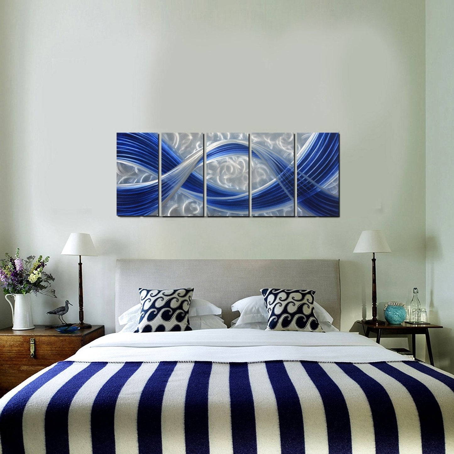 5-Panel Abstract Metal Wall Art, Dark Blue Lines on Silver Aluminum Background, Modern Indoor and Outdoor Wall Sculpture 64"x24"