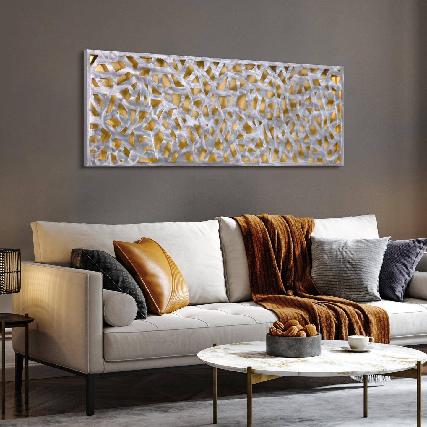 Abstract 3D Polished Steel Wall Art with Gold Leaf, Modern Metal Sculpture for Living Room or Office 72"x22"