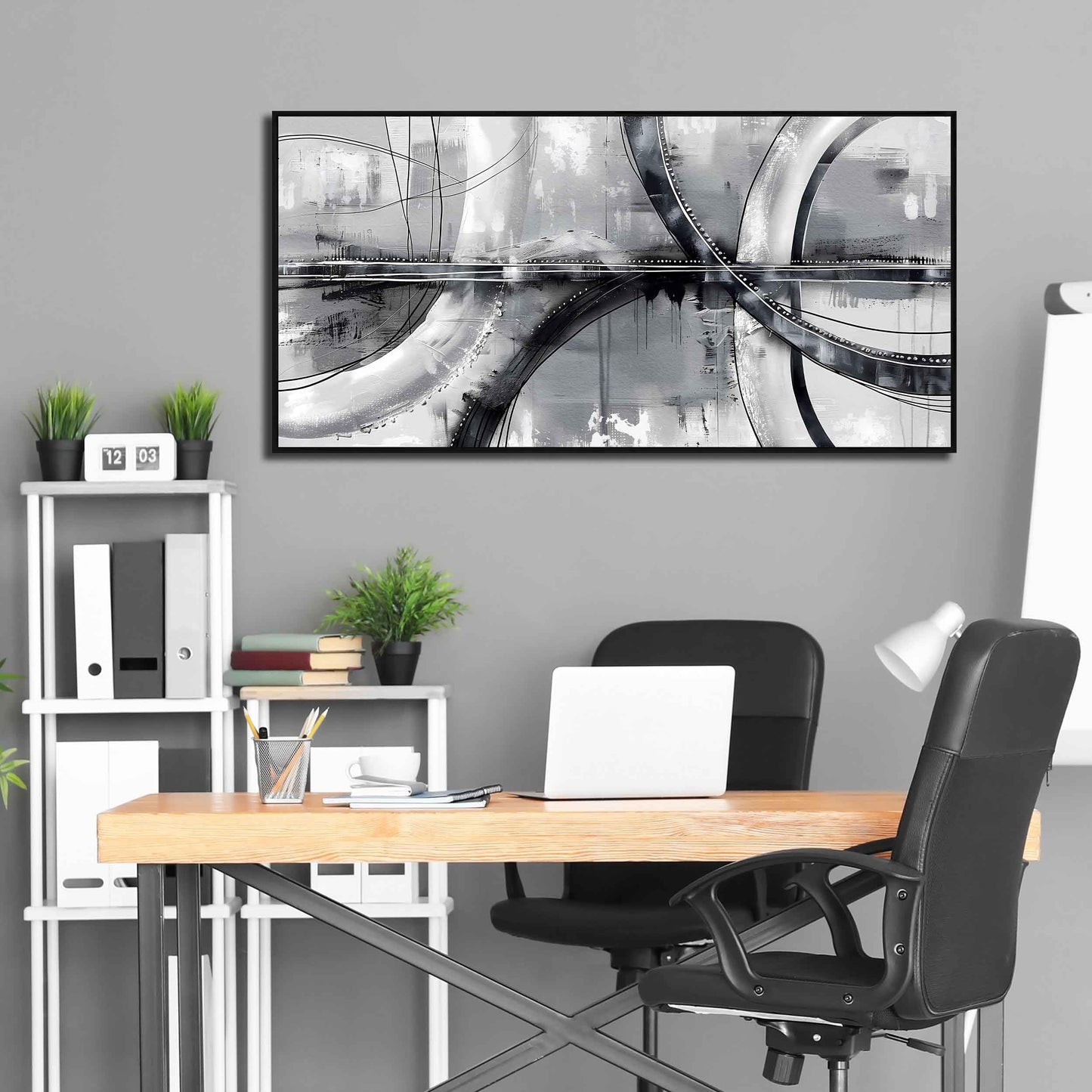 Abstract Black and White Framed Wall Art, Grey Painting for Bedroom or Gallery Home Decor 24"x48"