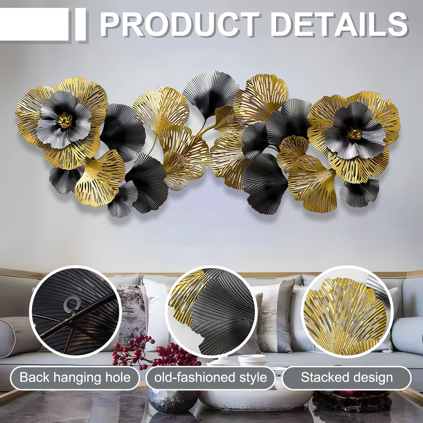 edaknez Extra Large Metal Wall Art, 3D Flower Leaves Metal Wall Decor for Living Room, Coastal Nautical Wall Hanging Sculpture, Indoor & Outdoor Black and Gold Decoration (B 145 x 55 x 6 cm)