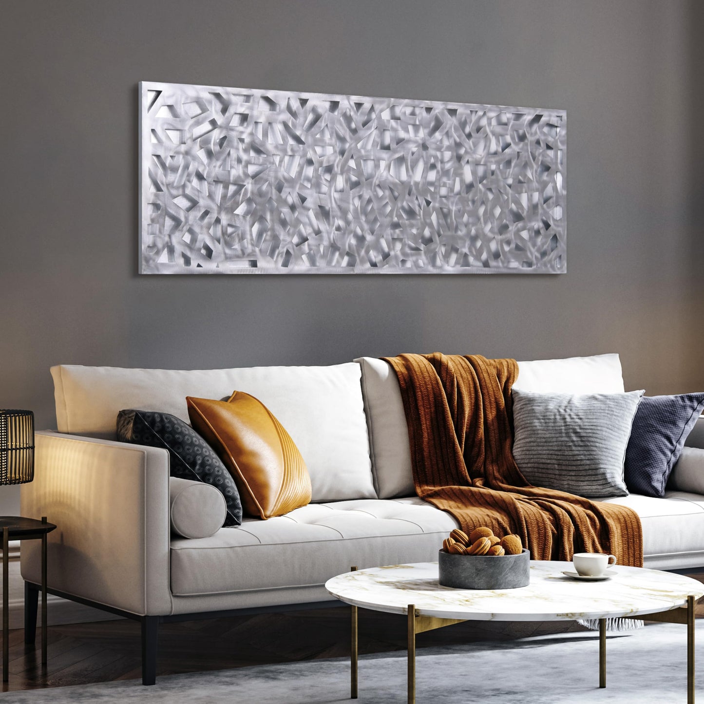 Abstract 3D Polished Steel Wall Art with Silver Leaf, Modern Metal Sculpture for Living Room or Office 72"x22"