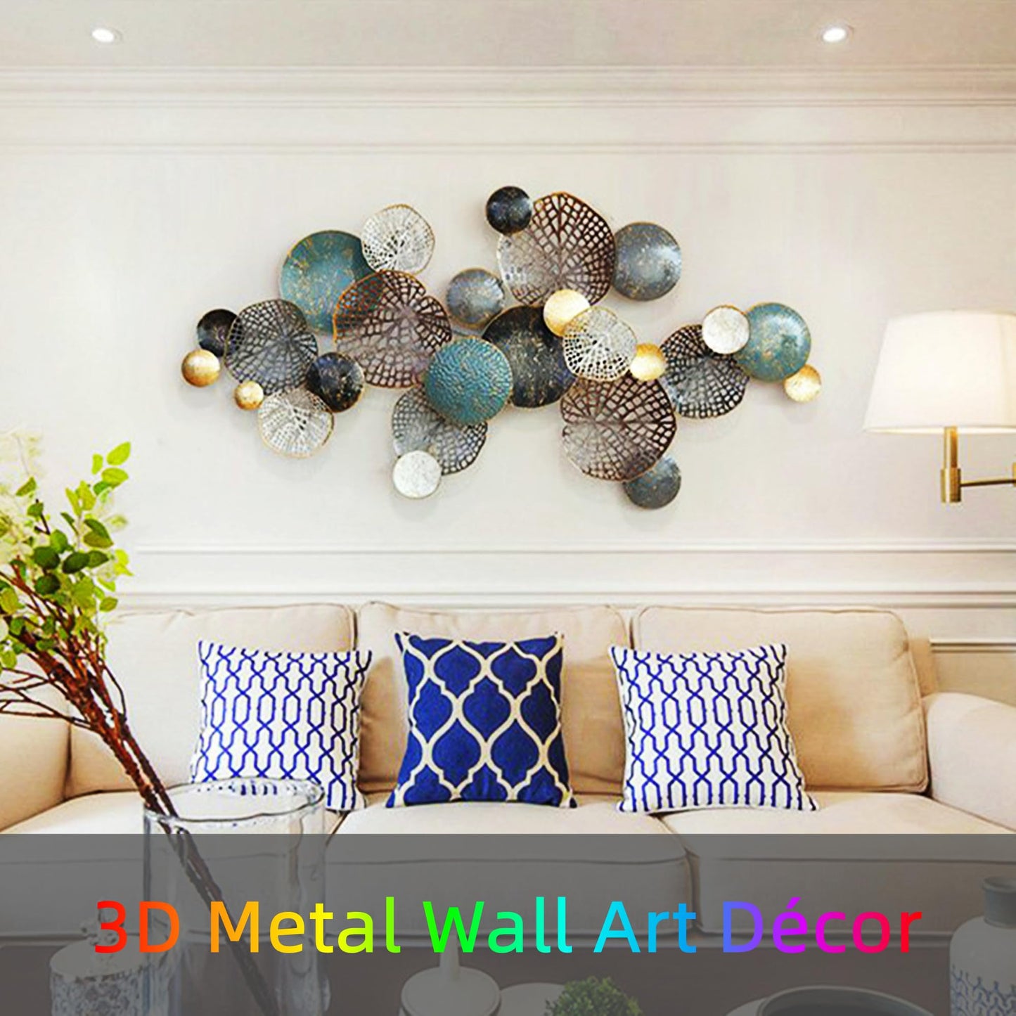 ZZYYZZ Large Metal Wall Decor, Boho Lotus Leaf 3D Metal Wall Art, Stacked Flower Wall Decoration for Living Room, Bedroom, Dining Room, Nautical Coastal Style, 52.5" x 26.5"