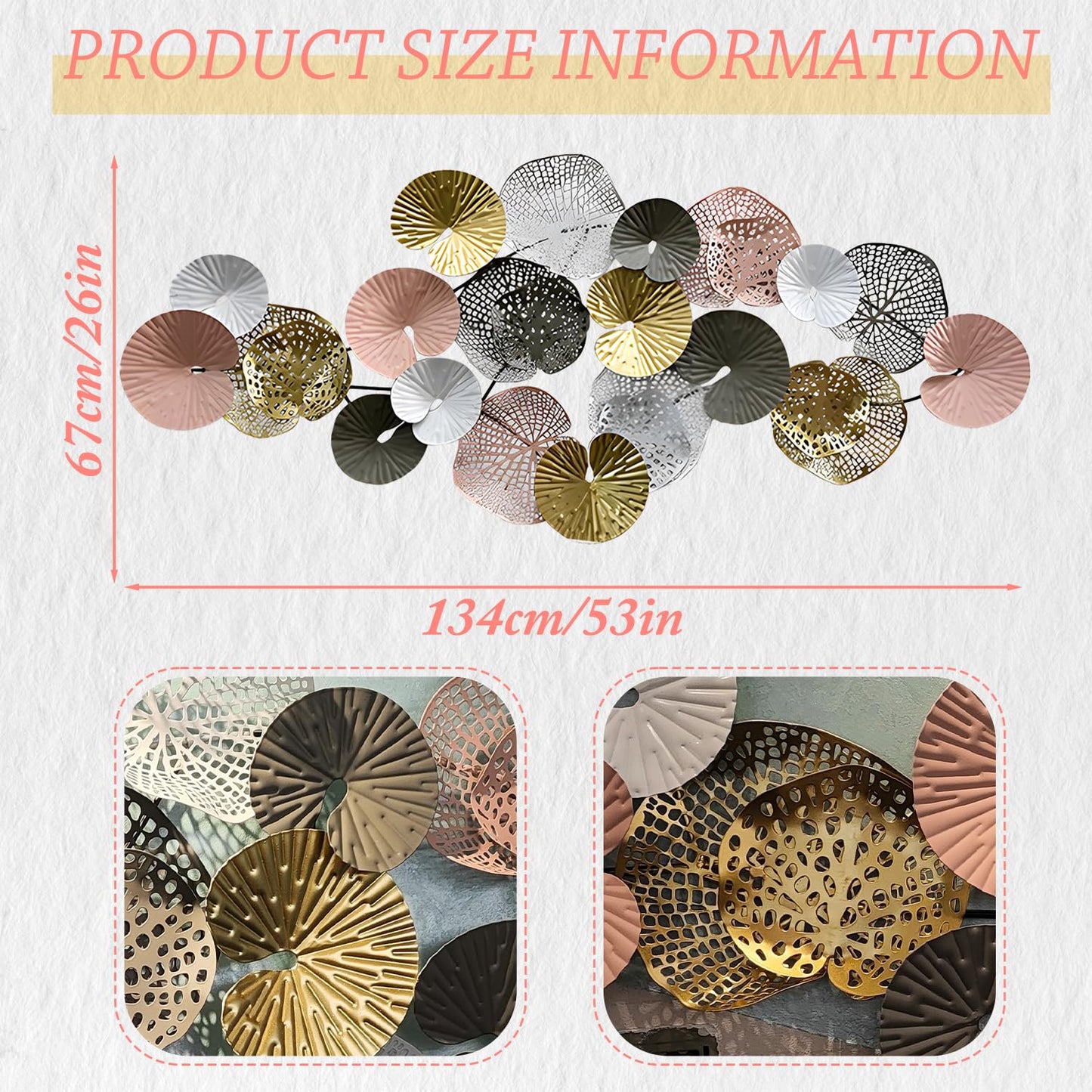 Large Coastal Metal Wall Art Decor, 3D Modern Gold Lotus Leaves Nautical Wall Decoration for Living Room or Bedroom, 53" x 26"