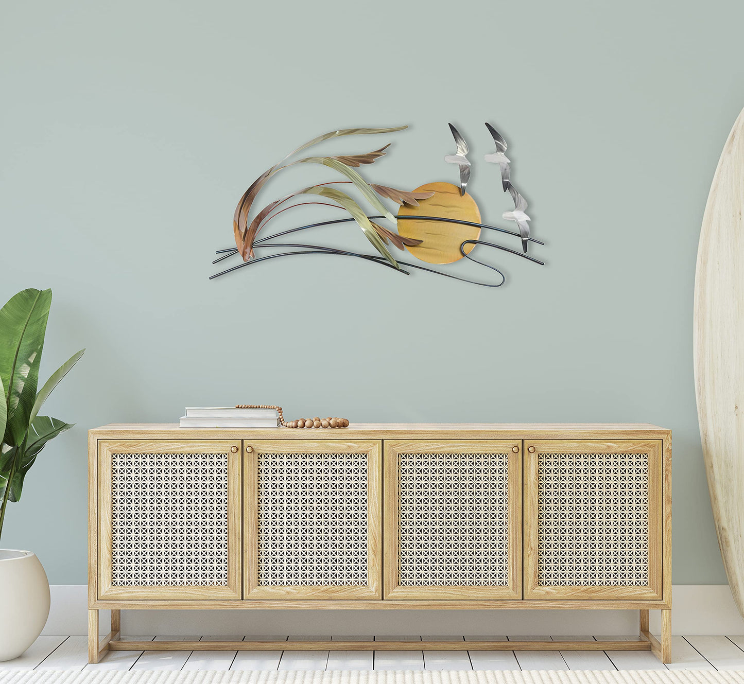 Contemporary Coastal Seagulls and Sea Oats Metal Wall Art with Sun, Handmade Stainless Steel Beach Decor