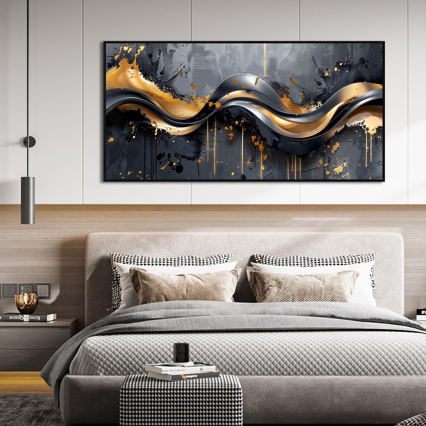 Elegant Black and Gold Canvas Wall Art, Large Modern Decorative Painting for Living Room or Office 29"x59"