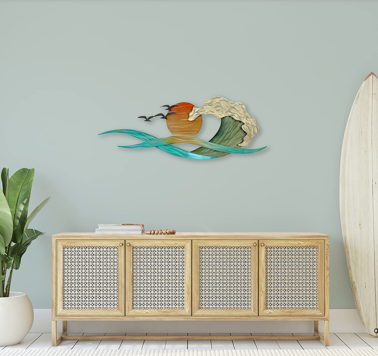 Waves and Sun Coastal Metal Wall Art, Contemporary Stainless Steel Beach and Ocean Wall Decor