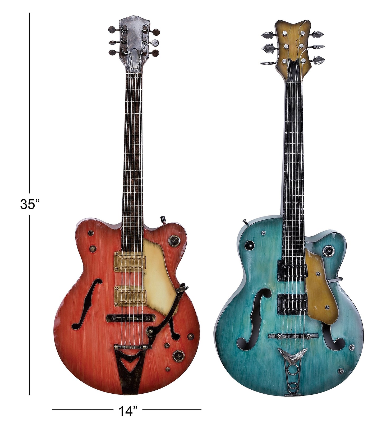 Set of 2 Metal Guitar Wall Art Sculptures, Multi-Colored Decorative Wall Decor for Home or Studio 14"x35"
