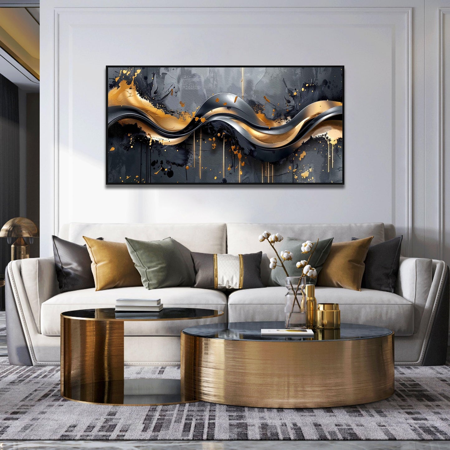 Large Gold and Black Abstract Canvas Wall Art, Modern Decorative Painting for Bedroom or Living Room 24"x48"
