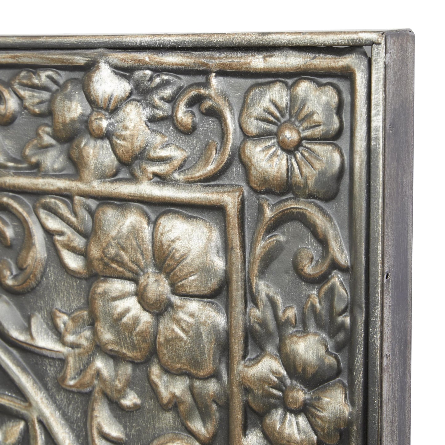 Metal Floral Wall Art with Embossed Scroll Design and Gray Backing, Decorative Wall Sculpture 36"x36", Silver