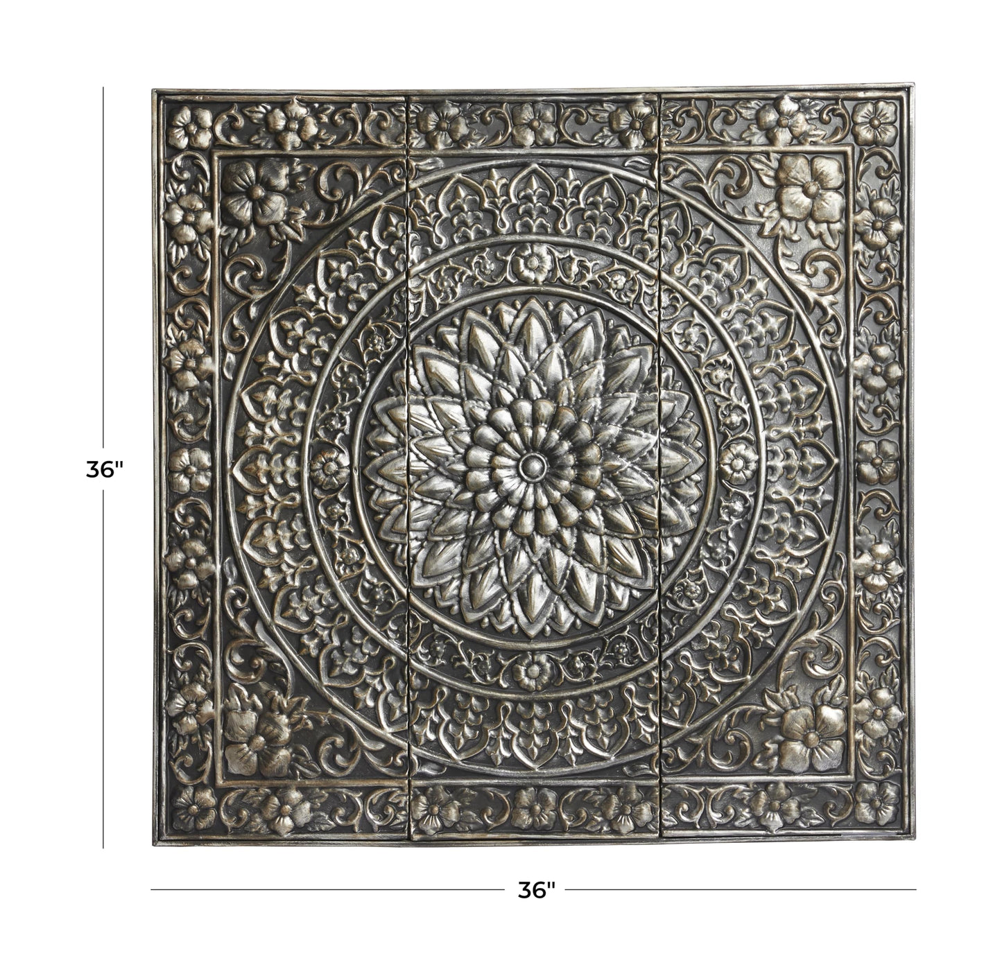 Metal Floral Wall Art with Embossed Scroll Design and Gray Backing, Decorative Wall Sculpture 36"x36", Silver