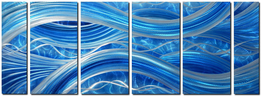6-Panel Handmade Abstract Metal Wall Art, Blue 3D Line Design for Indoor or Outdoor Modern Decor 24"x65"