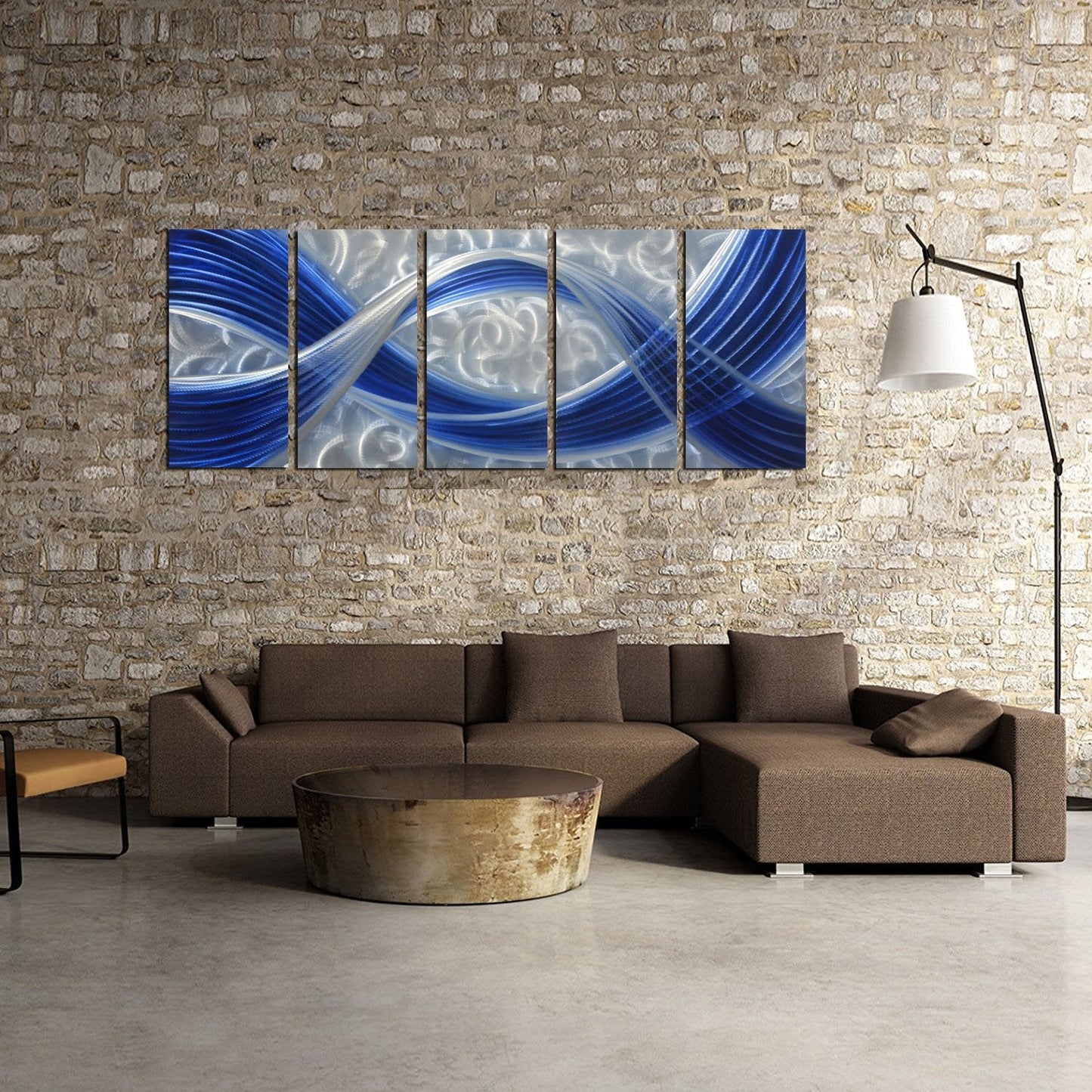 5-Panel Abstract Metal Wall Art, Dark Blue Lines on Silver Aluminum Background, Modern Indoor and Outdoor Wall Sculpture 64"x24"