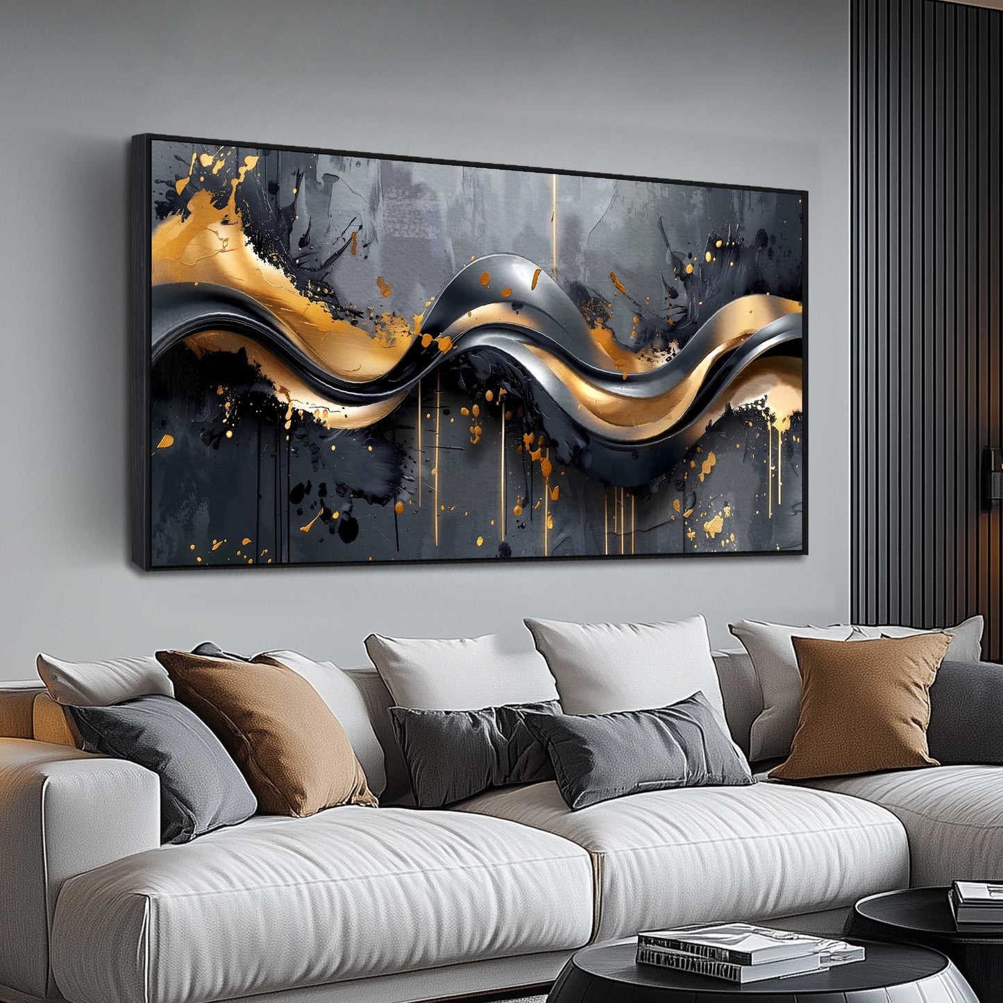 Elegant Black and Gold Canvas Wall Art, Large Modern Decorative Painting for Living Room or Office 29"x59"