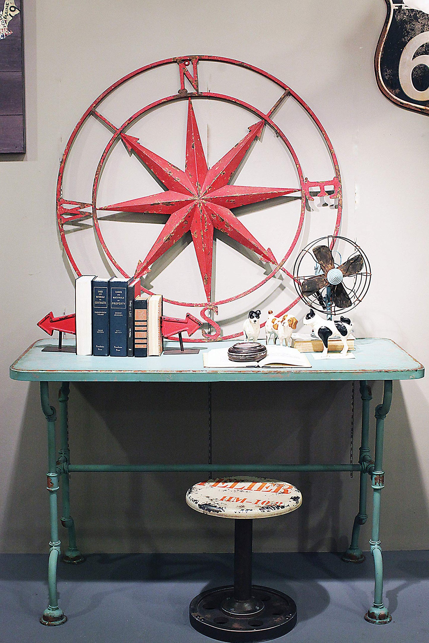 Distressed Red Metal Compass Wall Decor, Vintage Nautical Wall Art for Home or Office