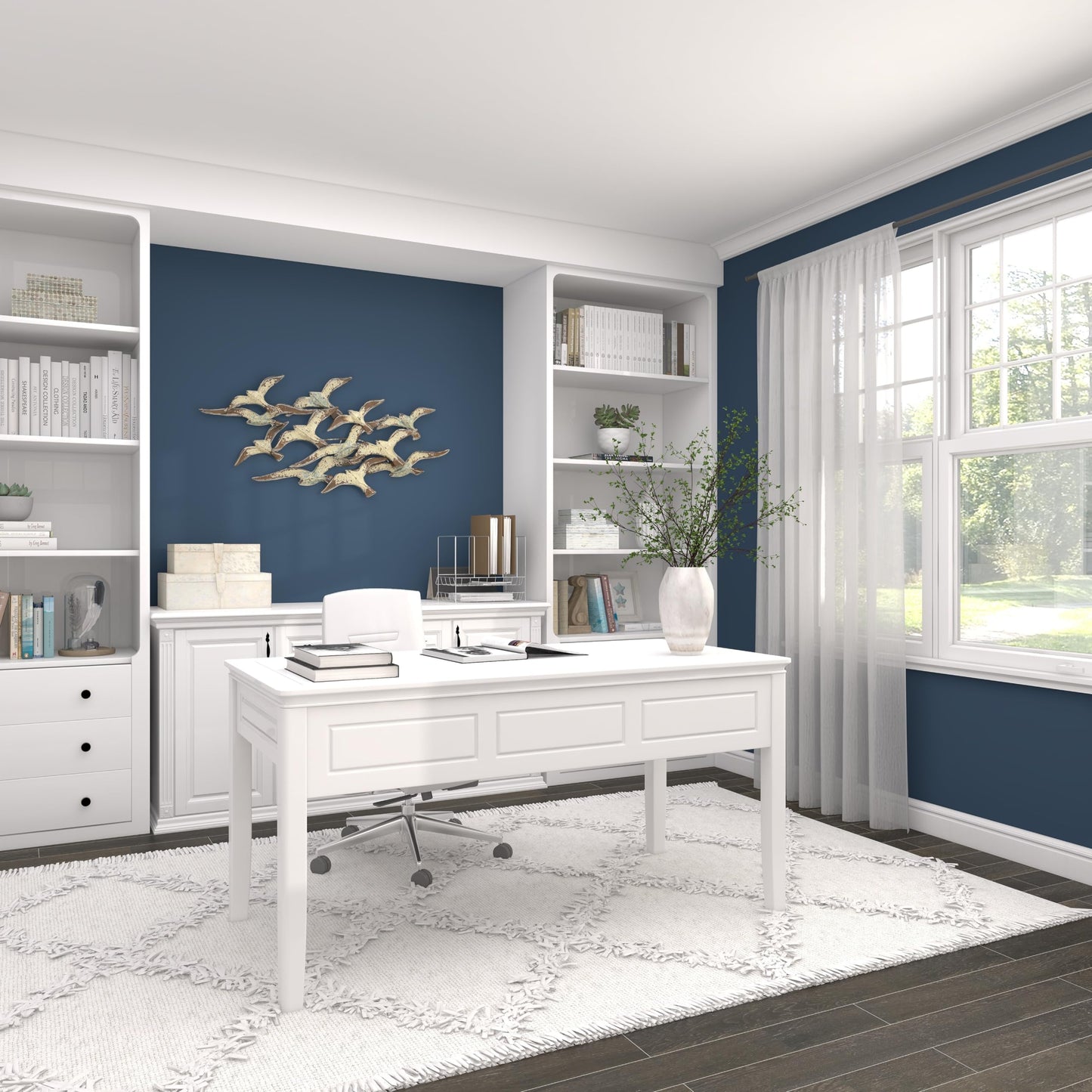 Flying Flock of Birds Metal Wall Art Sculpture, White Decorative Wall Decor 48"x23"