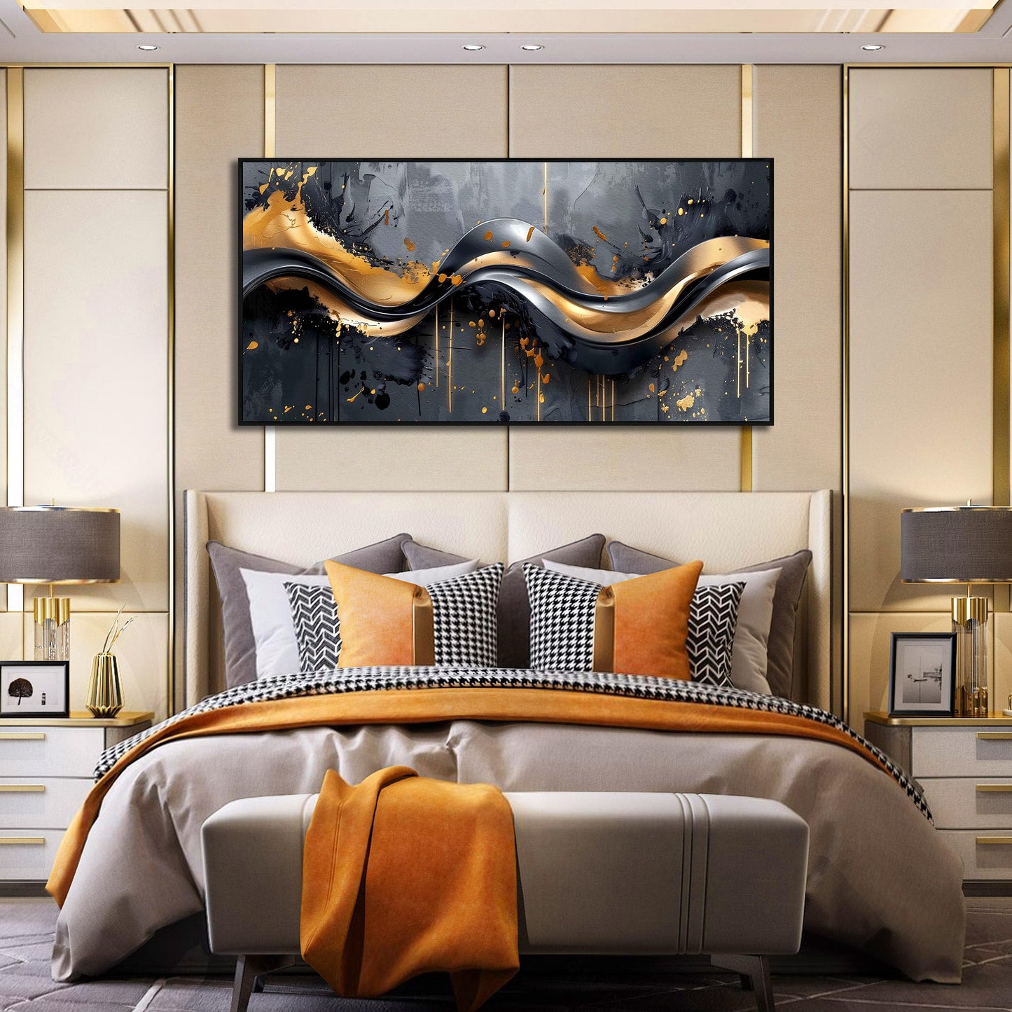 Large Gold and Black Abstract Canvas Wall Art, Modern Decorative Painting for Bedroom or Living Room 24"x48"