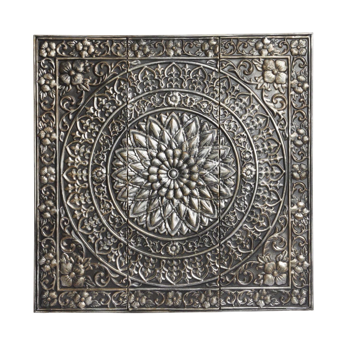 Metal Floral Wall Art with Embossed Scroll Design and Gray Backing, Decorative Wall Sculpture 36"x36", Silver