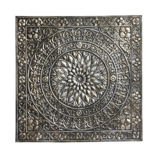 Metal Floral Wall Art with Embossed Scroll Design and Gray Backing, Decorative Wall Sculpture 36"x36", Silver