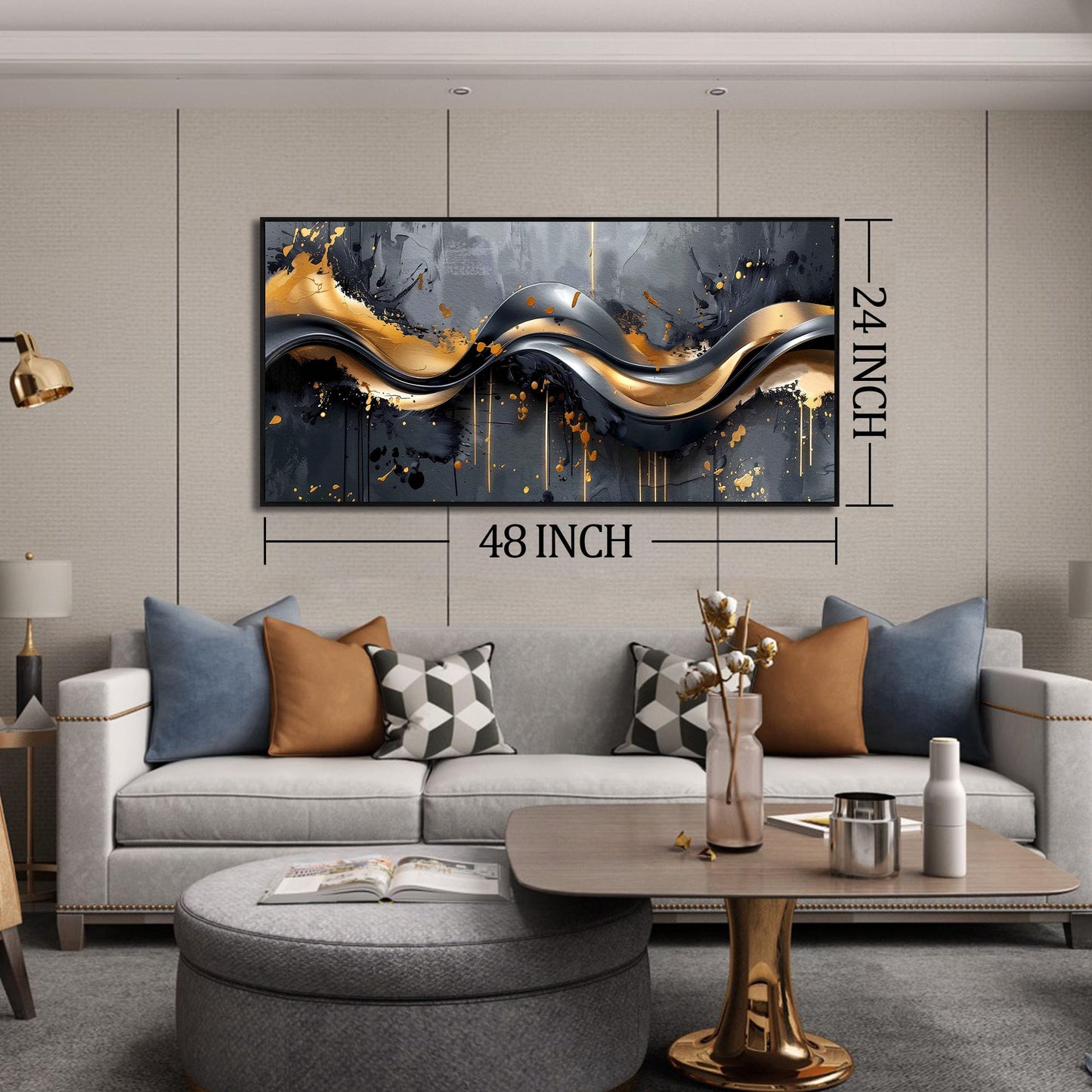 Large Gold and Black Abstract Canvas Wall Art, Modern Decorative Painting for Bedroom or Living Room 24"x48"