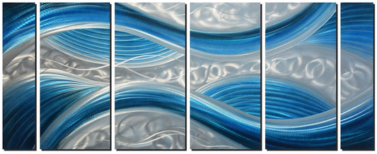 Handmade Abstract 6-Panel Metal Wall Art, Blue 3D Line Design for Indoor or Outdoor Wall Decor 24"x65"
