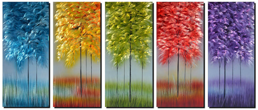 5-Panel Handmade Metal Wall Art, Multi-Colored Tree 3D Abstract Design for Indoor or Outdoor Modern Decor 24"x64"