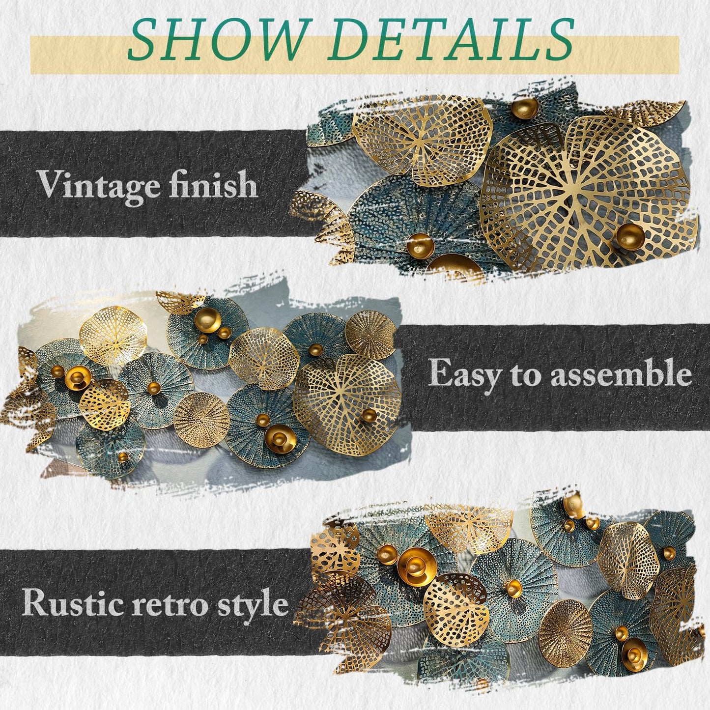 Metal Wall Decor for Living Room, 3D Stacked Leaves Lotus Flower Metal Wall Art, Modern Hanging Wall Decoration, 50" x 26"