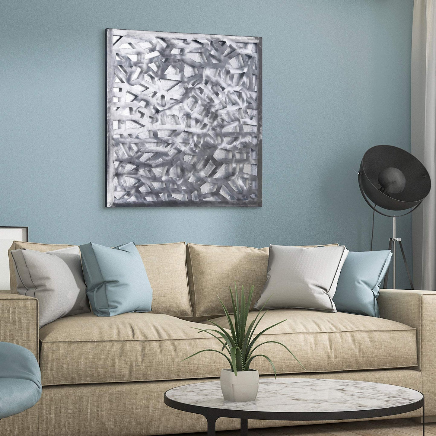 Abstract 3D Polished Steel Wall Art with Silver Leaf, Modern Metal Sculpture for Living Room or Office, 32"x32"