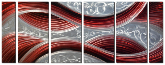 Handmade Abstract 6-Panel Metal Wall Art, Dark Red 3D Line Design for Indoor or Outdoor Wall Decor 24"x65"
