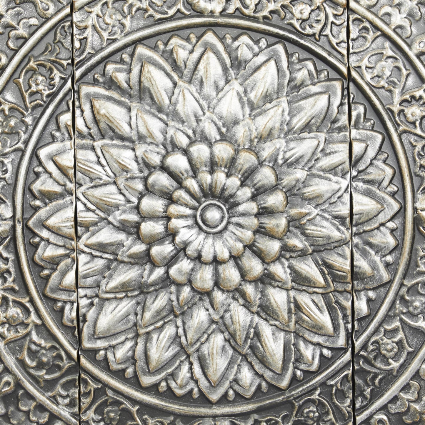 Metal Floral Wall Art with Embossed Scroll Design and Gray Backing, Decorative Wall Sculpture 36"x36", Silver